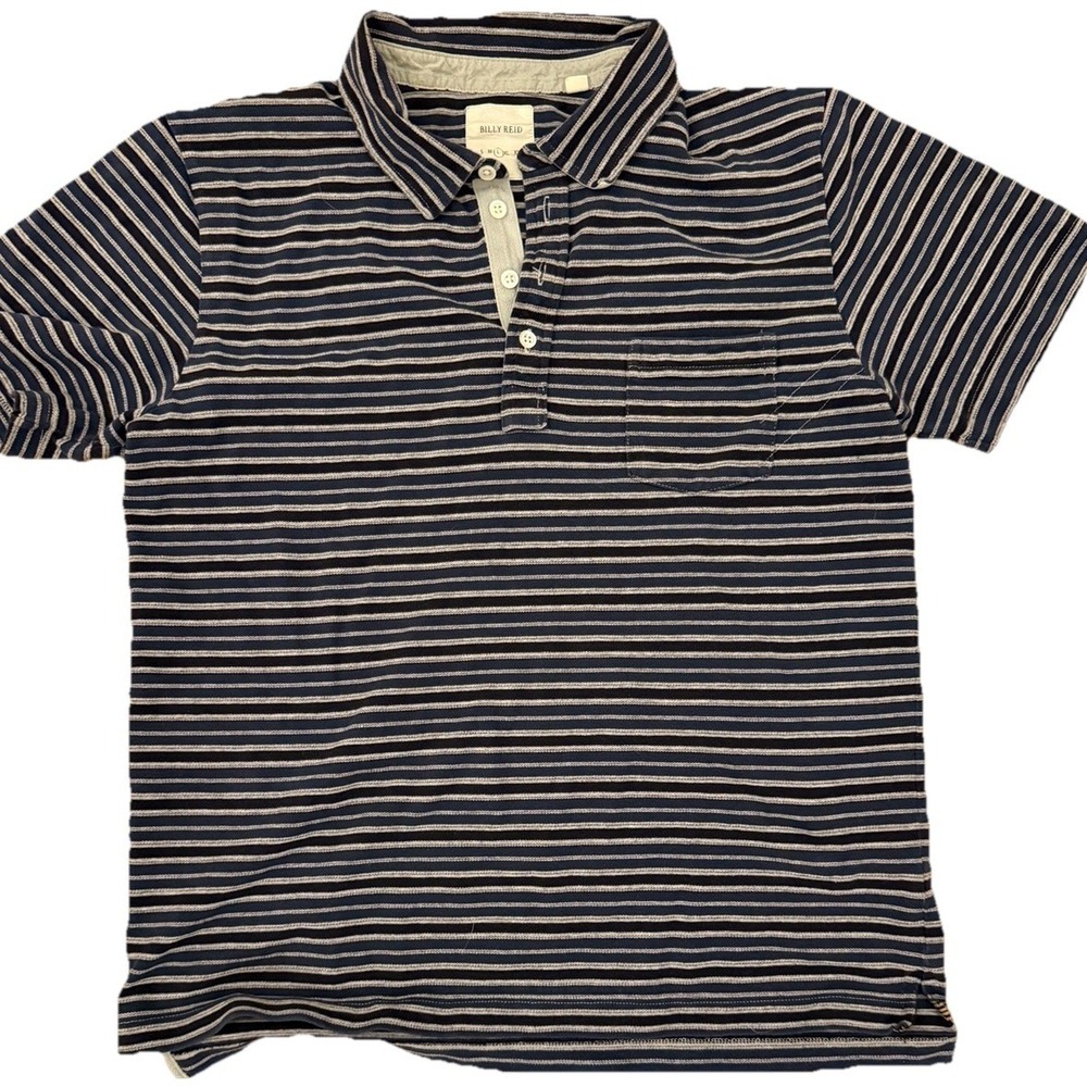 Billy Reid Polo Shirt Mens Large Striped Pocket Short Sleeve Blue Collared Peru
